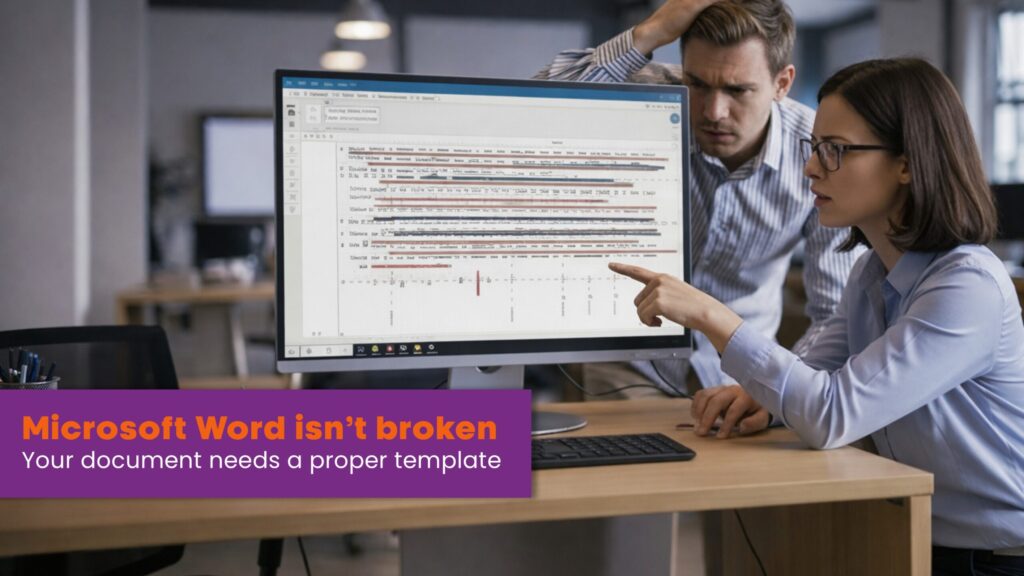 Two office professionals reviewing a messy Microsoft Word document on a desktop monitor; a purple banner states “Microsoft Word is not broken – your document needs a proper template.”