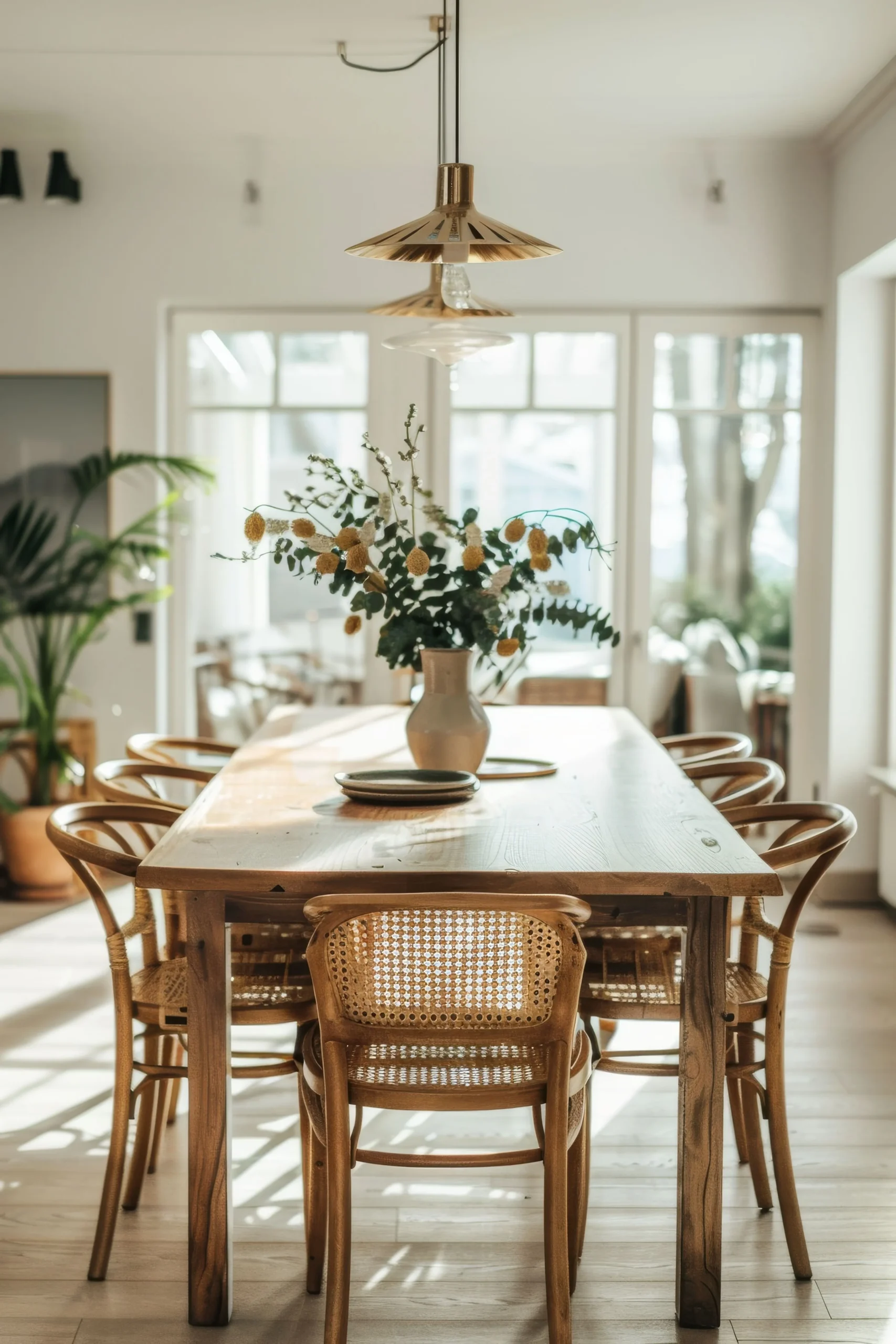 Light-filled residential dining space with a timber table, natural materials and carefully considered interior details by ZOARC Architecture.